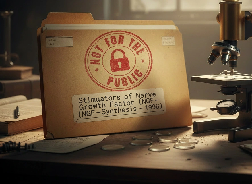 A confidential-looking research folder, a nod to decades of laboratory interest in mushroom compounds