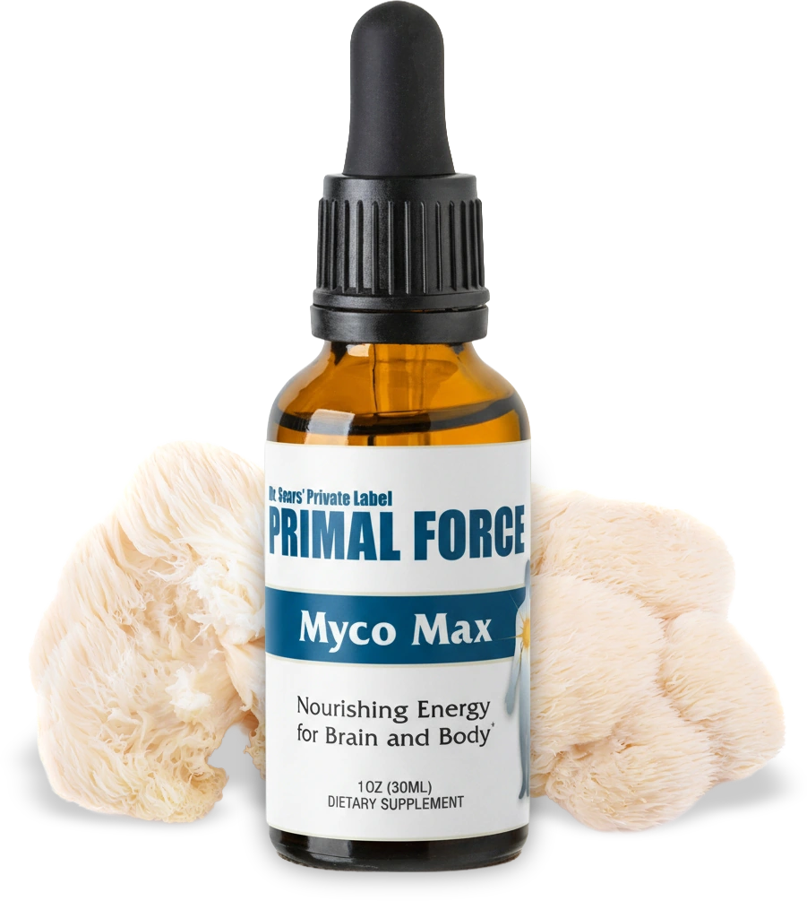 Myco Max liquid drops bottle beside a functional mushroom